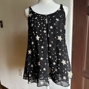 MISS ME | Star Print Lace Lined Braided Strap Black Chiffon Top | Size Small